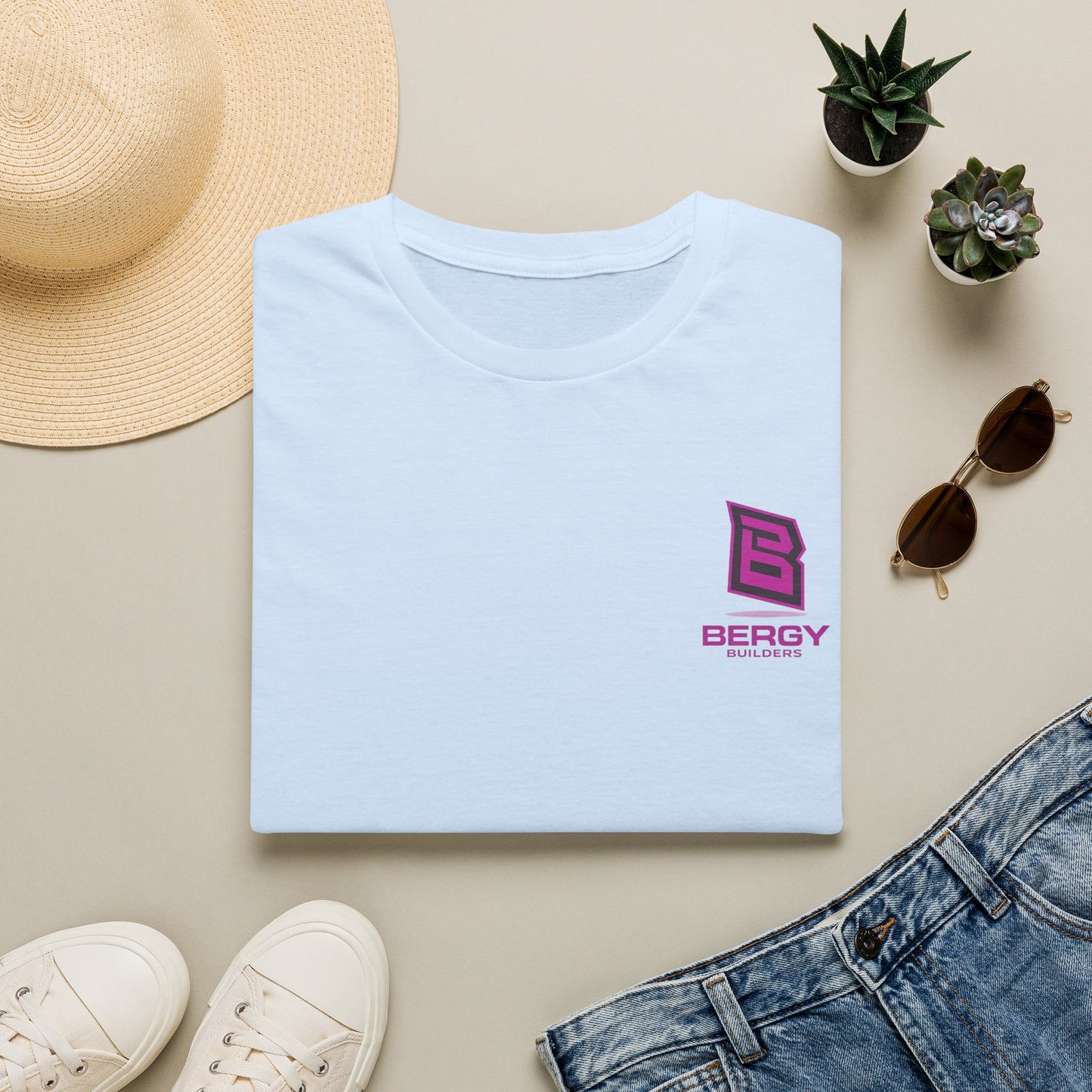Bergy Builders Logo Tee — Minimalist Pink Chest Logo T-Shirt