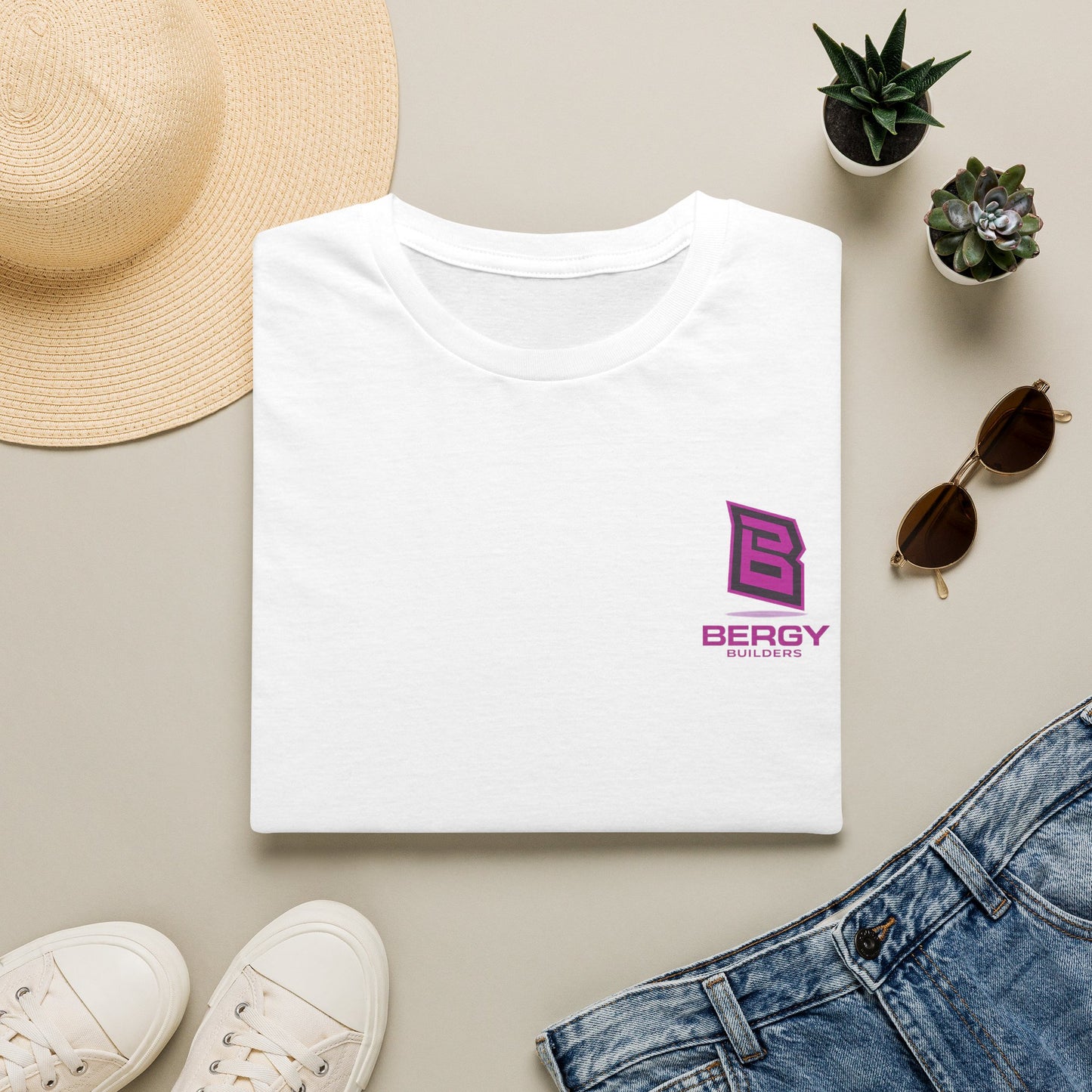 Bergy Builders Logo Tee — Minimalist Pink Chest Logo T-Shirt