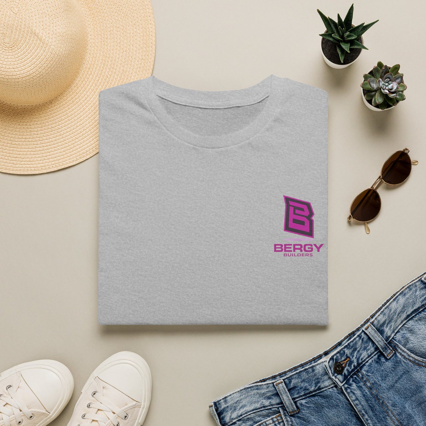 Bergy Builders Logo Tee — Minimalist Pink Chest Logo T-Shirt