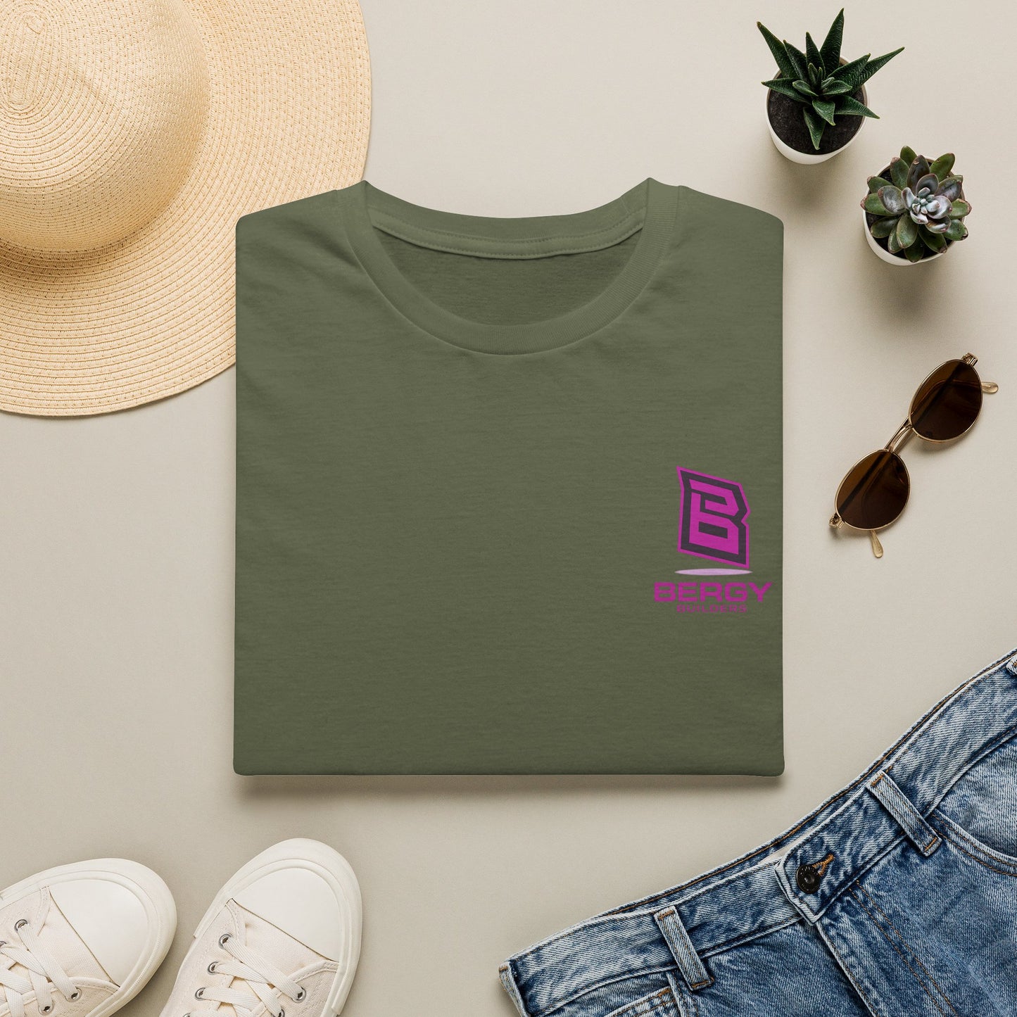 Bergy Builders Logo Tee — Minimalist Pink Chest Logo T-Shirt