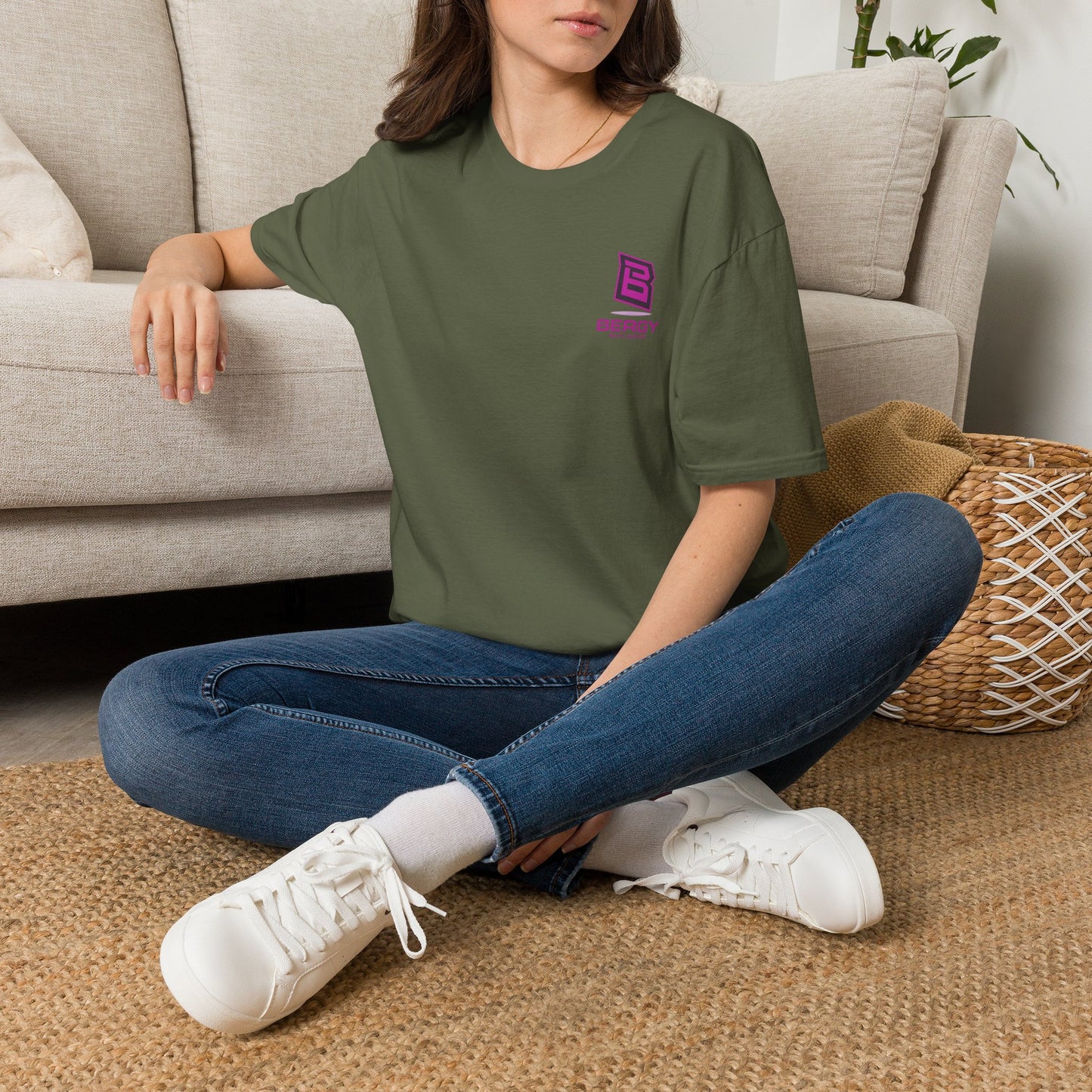 Bergy Builders Logo Tee — Minimalist Pink Chest Logo T-Shirt